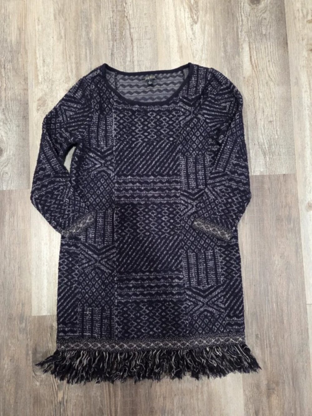 Lucky Brand Navy Fringe Long Sleeve Sweater Dress Size Large